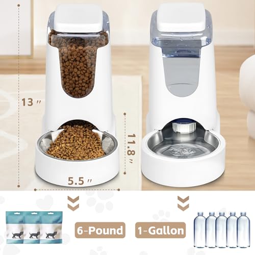 Automatic Cat Feeder and Water Dispenser with Stainless Steel Bowl Dog Gravity Food Feeder and Waterer for Small Medium Pets Puppy Kitten 1 Gallon x 2 (White)