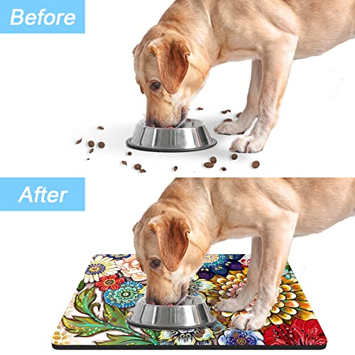Dog Food Mat 12" x 19" Flower Absorbent Dog Cat Bowl Mat for Food and Water (Colorful Mandala / 19"L x 12"W)