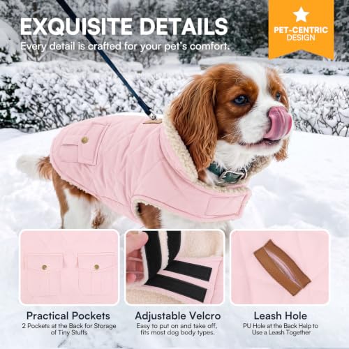 XS Waterproof Puffer Dog Jacket Warm Plush Lining Winter Coat (X-Small / Light Pink)
