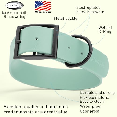 Biothane Waterproof Dog Collar Strong Coated Nylon Webbing with Black Hardware Odor (W1.5" x L20"-24" / Sage Green)