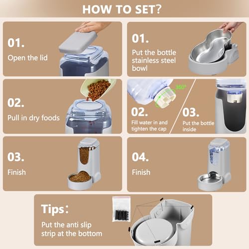 Portable Automatic Cat Feeder and Water Dispenser with Stainless Steel Bowl Dog Gravity Food Feeder and Waterer for Small Medium Pets Puppy Kitten 1 Gallon x 2