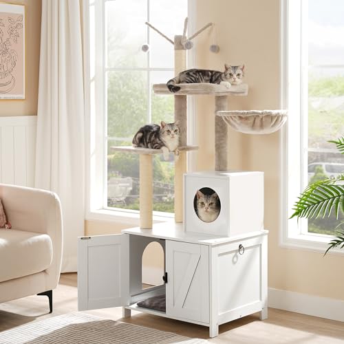 Cat Tree Tower with Litter Box Enclosure for Indoor (White)