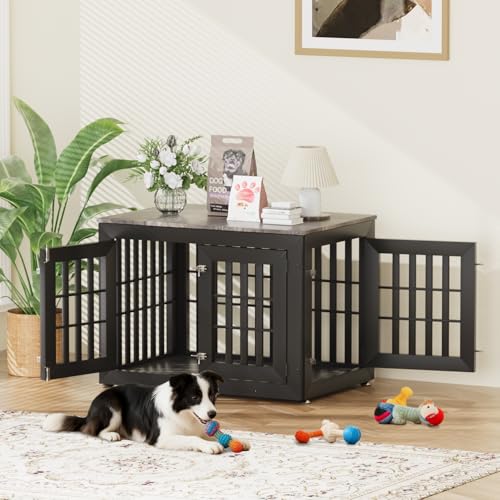 38" Heavy Duty Dog Crate Furniture for Large (37.4"L x 25.8"W x 27.4"H / Black+Grey)
