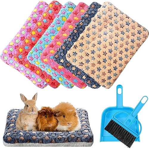 6 Pieces Guinea Pig Bed Mats with Cleaning Dustpan Brush Washable Plush Cage Lines Soft Fleece Sleeping Bedding Pads for Hamster Bunny Chinchilla Squirrel Small Animals (Cool Color)