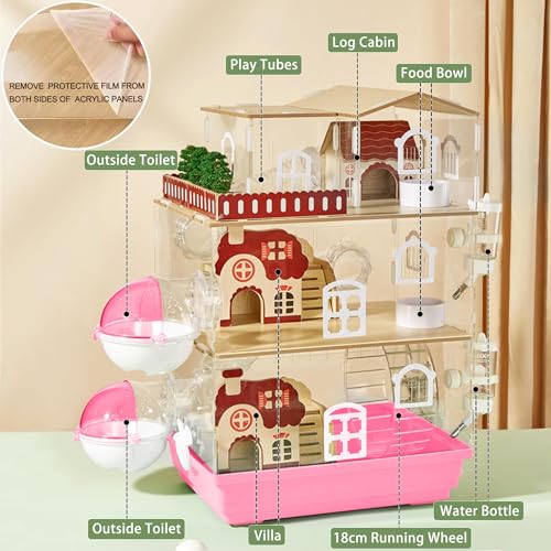 17 in 1 Clear Acrylic Hamster Cage with All Accessories (13.4"L x 10.2"W x 20.5"H / Pink)