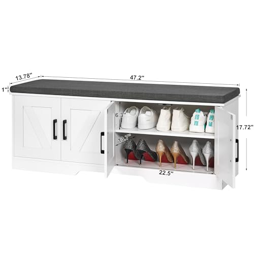 Farmhouse Shoe Storage Bench with 4 Barn Doors & Padded Seat Cushion (White / 47.2" Wide)