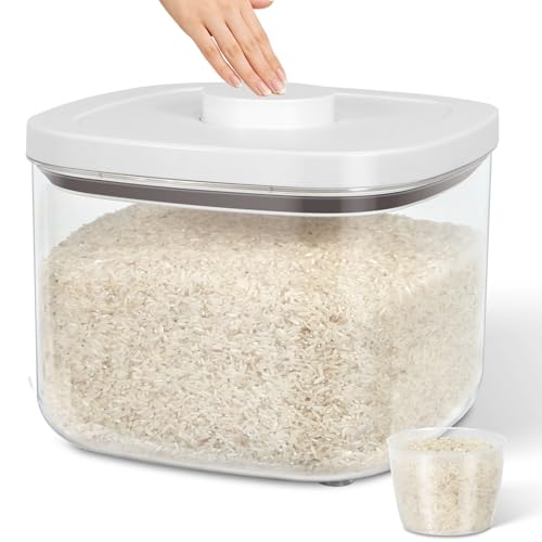 Large Airtight Food Container 5.28 Qt with Pop Up Lid & Measuring Cup (White/Clear / 5.28 Qt-Pop)