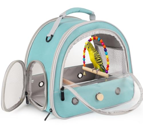 Portable Parrot Travel Cage Carrier with Small Swing Toy&Cage Colorful Toys Set Small Bird Parakeet Bag with Standing Perch Bird Carry Transport Bag (Green / 12.0"L x 7.0"W x 12.0"H)