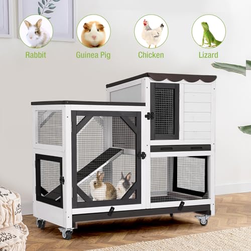 Rabbit Hutch Indoor Outdoor 2 Story Bunny House on Wheels Wood Rabbit Cage with 2 Pull Out Trays Guinea Pig Cage