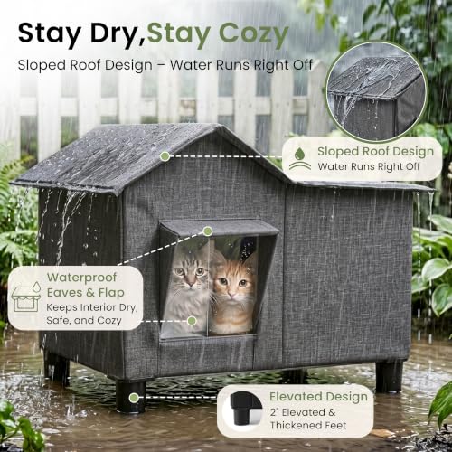 Outdoor Cat House Weatherproof Elevated Cat Bed (Grey / L)