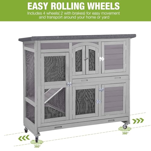 Rabbit Hutch Indoor Outdoor Bunny House Guinea Pig Cage on Wheel with Plastic Tray (Grey / 44.0"L x 20.0"W x 41.5"H)