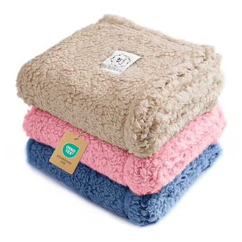 1 Pack 3 Calming Dog Blanket Fluffy Premium Fleece Pet Blankets Soft Sherpa Throw for Dogs Puppy Cat Beige (Small (Pack of 3) / Beige/Pink/Hazeblue)