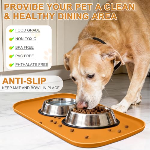 Waterproof Silicone Pet Food Mat with Raised Edge for Dog & Cat (Orange / 19"L x 12"W)