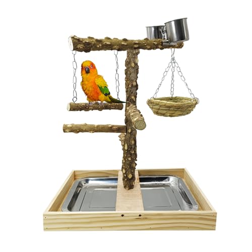 Bird Perch Natural Wood Stand Toy Parrot Play Stand Platform and Hanging Bird Nests Bird Cage with Removable Tray and 2 Stainless Steel Cups for Parakeets Canaries Cockatiels Conure Lovebirds