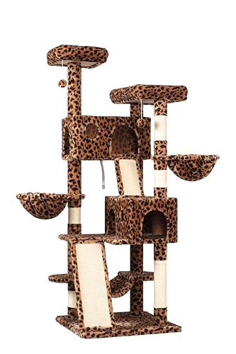 65in Multi Level Large Cat Tree Tower for Indoor Kitties (Leopard Print)