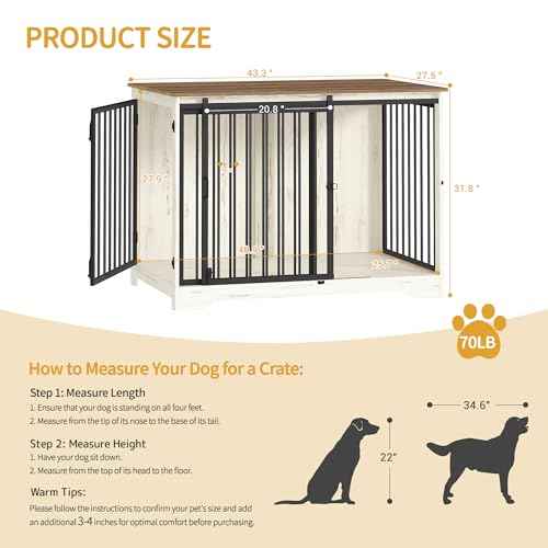 43.3" XL Dog Crate Furniture Indoor Dog Kennel with Barn Door (White Brown / 43.3"L x 27.5"W x 31.8"H)