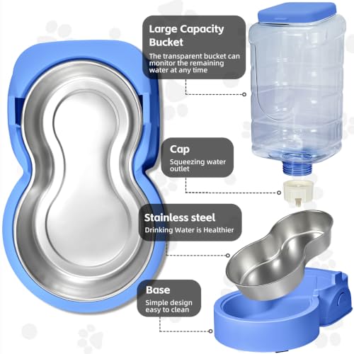Portable Automatic Cat Feeder and Water Dispenser with Stainless Steel Bowl Dog Gravity Food Feeder and Waterer for Small Medium Pets Puppy Kitten 1 Gallon x 2 (Sapphire Blue)