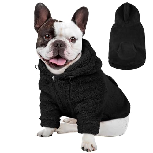 Fuzzy Dog Sweater with Adjustable Hood & Harness Hole (Medium / Black)