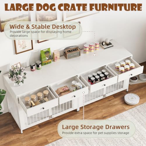 44 Inch Large Dog Crate Furniture with Storage Drawers (New White / 89"L x 23.6"W x 34.5"H)