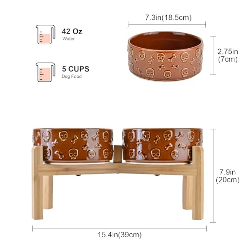Elevated Dog Bowls Ceramic (7.3 in - 5.3 cups / Bronze - Skull)