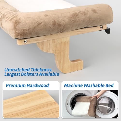 Cat Perch for Windowsill with Bolsters (Natural Color Wood with Brown Bed / 26.4''L x 15''W)