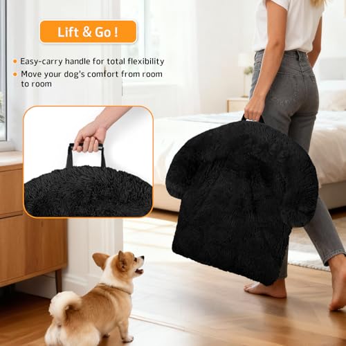Calming Dog Bed Fluffy Plush Dog Mat for Furniture Protector with Removable Washable Cover for Large Medium Small Dogs and Cats (Black / 41.0"L x 37.0"W x 6.0"Th)