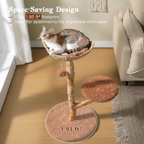 Modern Wood Cat Tree with Wicker Basket Bed & 2 Balls (Brown / 37.5" Solid Wood Cat Tree)