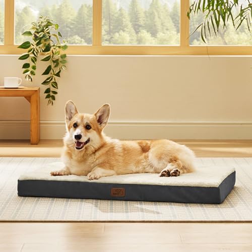 Washable Dog Crate Bed for Large Size with Comfy Sherpa (35"L x 22"W x 3"Th / Grey)