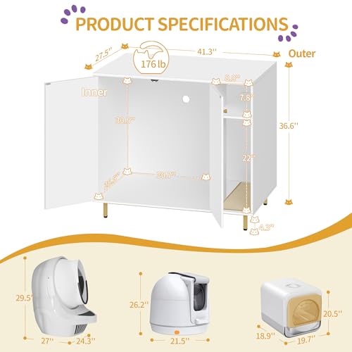 Large Cat Litter Box Enclosure (White and Gold / 41.3"L x 27.5"W x 36.6"H)