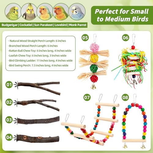 8 Pcs Natural Wood Bird Toys & Perches Set for Cages (brown / Bird Toys & Perches Set)