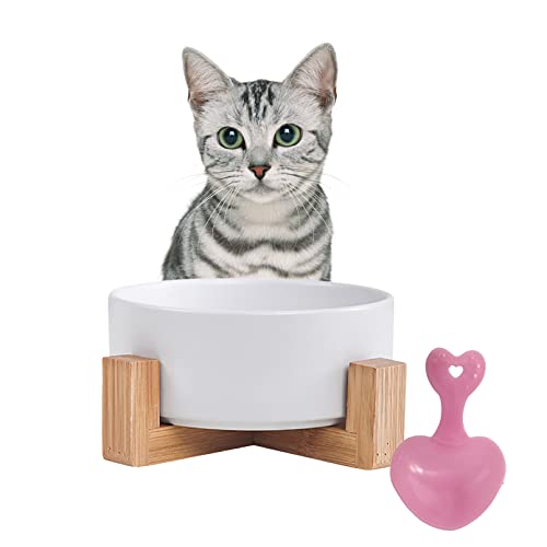 Ceramic Dog Cat Bowl with Wood Stand (【1Pcs White】)