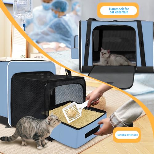 Side Expandable Extra Large Cat Carrier with Litter Box (Blue with Expandable Litter Box Area)