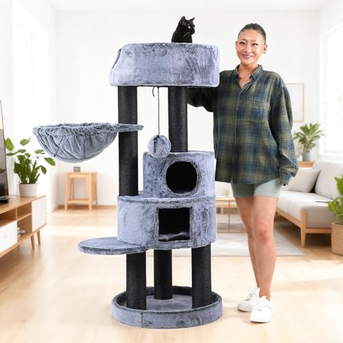 Modern Cat Tree for Indoor Cats Large Adults (61-inch Blue-grey)