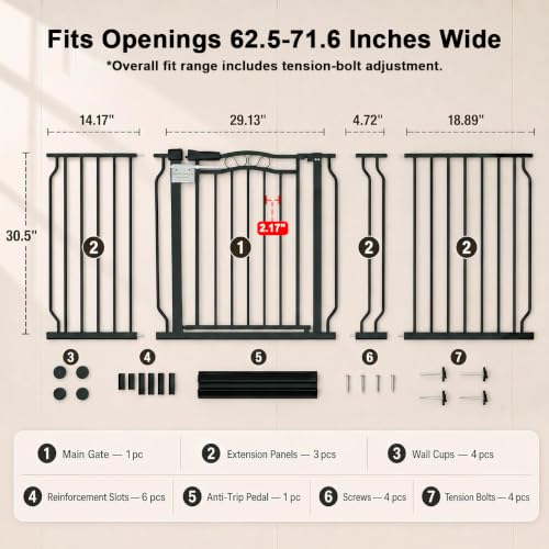 62.5 71.6 Inch Extra Wide Baby Gate Pressure Mounted for Doorways (Black / 62.5"-71.6")