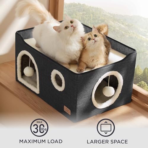 Extra Wide Cat House Bed with Fluffy Ball and Scratch Pad (Dark Grey / Widen)