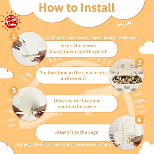 Parakeet Mirror with Perch & Slow Feeder (Ivory / 7.28" L x 3.5" W x 5.5" H)