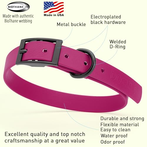 Biothane Waterproof Dog Collar Strong Coated Nylon Webbing with Black Hardware Odor (W3/4" x L15-18" / Magenta Pink)