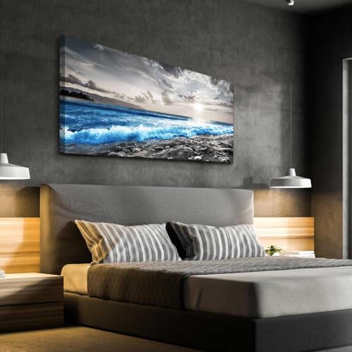 Framed Canvas Wall Art (48"L x 24"W / Blue Sea Wave Pictures)
