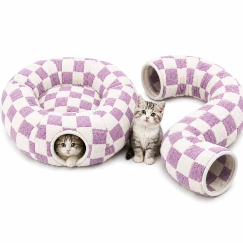 Cat Tunnel Bed with Washable Cushion for Indoor Cat (Purple)