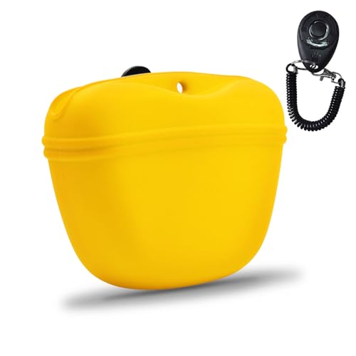 Silicone Dog Treat Pouch with Clicker Magnetic Closure Secure Clip (1 Pack / Yellow)