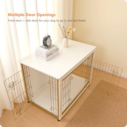 38.5" XL Dog Crate Furniture with Cushion (White+Gold / 38.5"L x 25.6"W x 26.8"H)