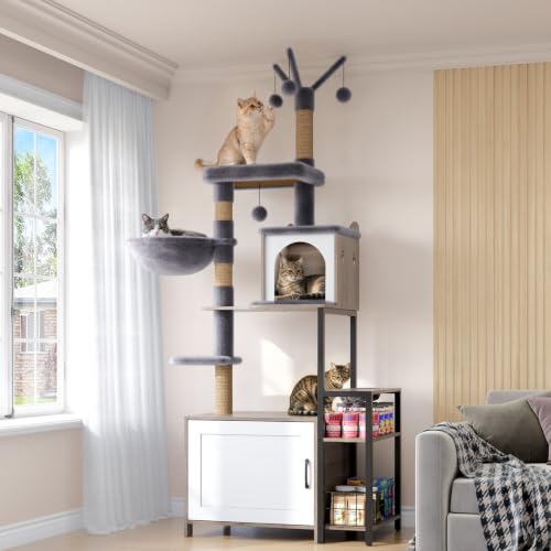 Cat Tree with Food Station and Litter Box Enclosure (Gray)