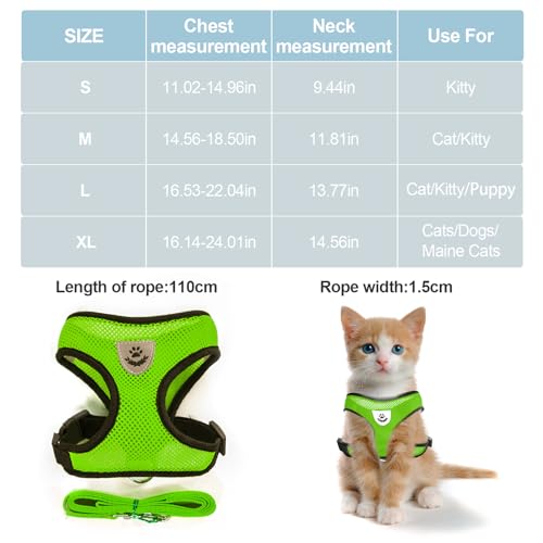 Green Cat Harness and Leash Set (green / XL：(Neck:14.56" chest:18.11"-24.01"))