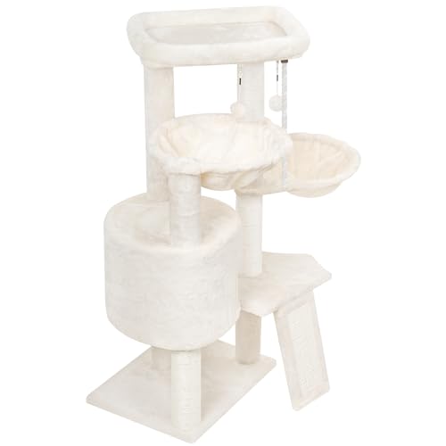 Wang Xin Three Layer Cat Tree with Cat Condo Scratch Pad and Two Hammocks (Small / Beige)