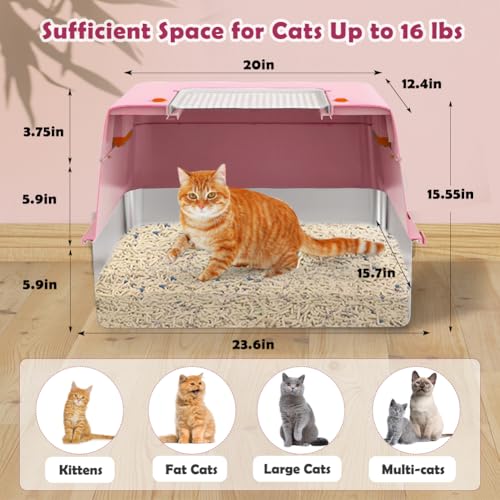 Pink Stainless Steel Covered Cat Litter Box (Pink((With Mat&Step))