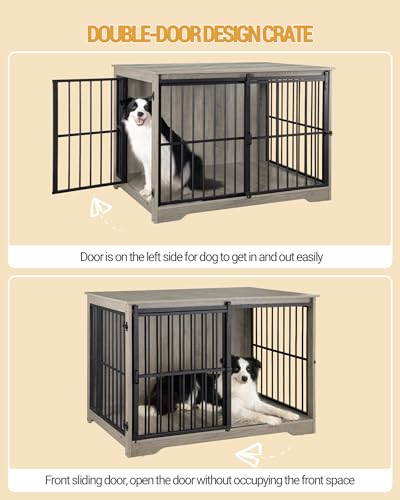44.1" XL Dog Crate Furniture Indoor Dog Kennel with Barn Door (44.1"L x 27.6"W x 31.9"H / Greige)