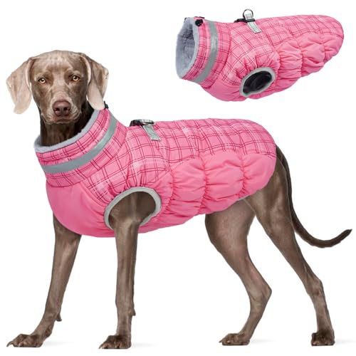 Dog Winter Coat Fleece Warm Large Dog Coat with Harness Built in (Rose Plaid / XXXL(chest:43in))