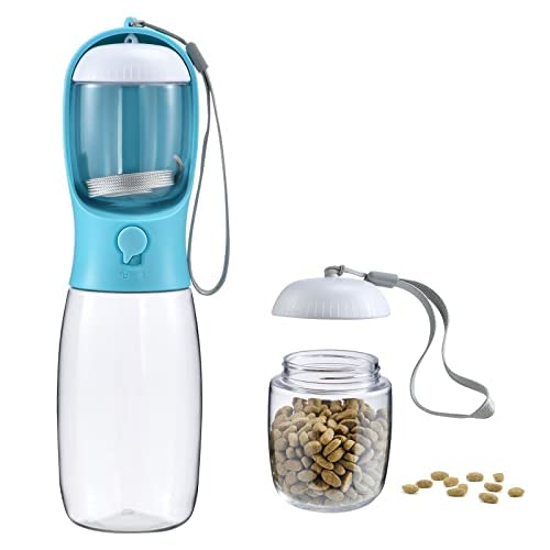 Dog Water Bottle Portable with Food Container & Filter for Travel (#01 Blue / 19oz)