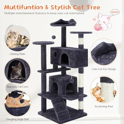 54 Inch Cat Tree Tower with Sisal Scratching Posts (Gray / 54"×19.7"×19.7")