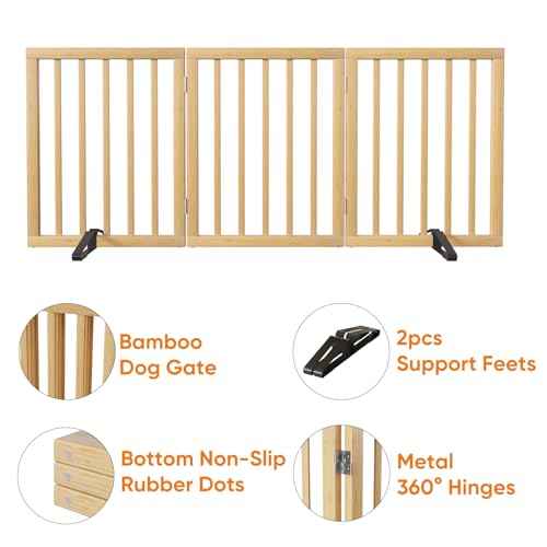 Dog Gates for Doorways Stairs (Bamboo Dog Gate Natural / 3 Panel - 55 inches Wide)